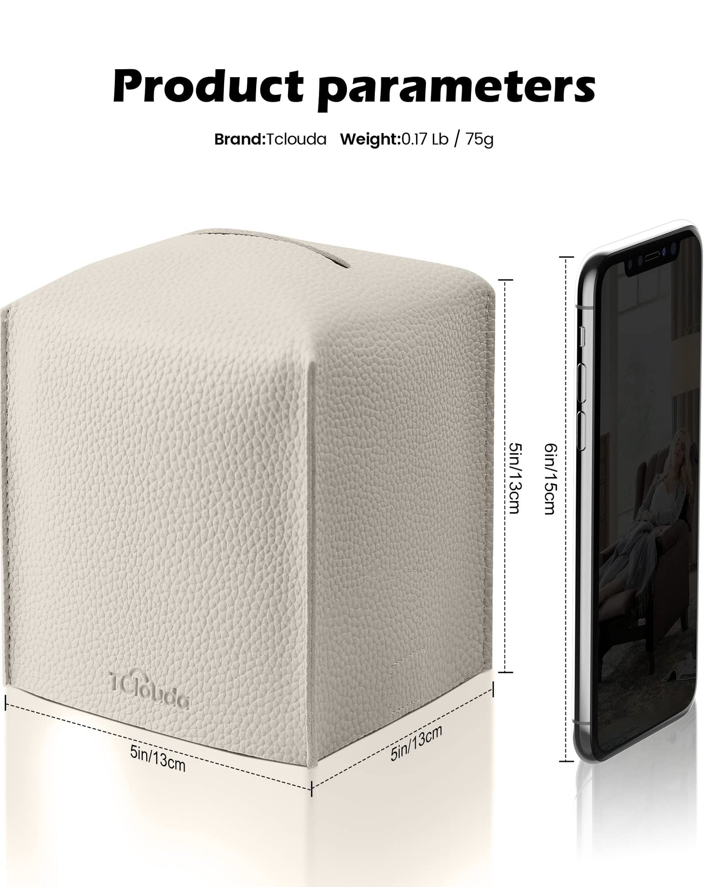 Tclouda Tissue Box Cover for PU Leather, Modern Simple Solid Color Holder Square Tissue Bag, Ideal for Bathrooms,Office,Car,Outdoor Tent,Dining Table,5"X5"X5", Double Off-White