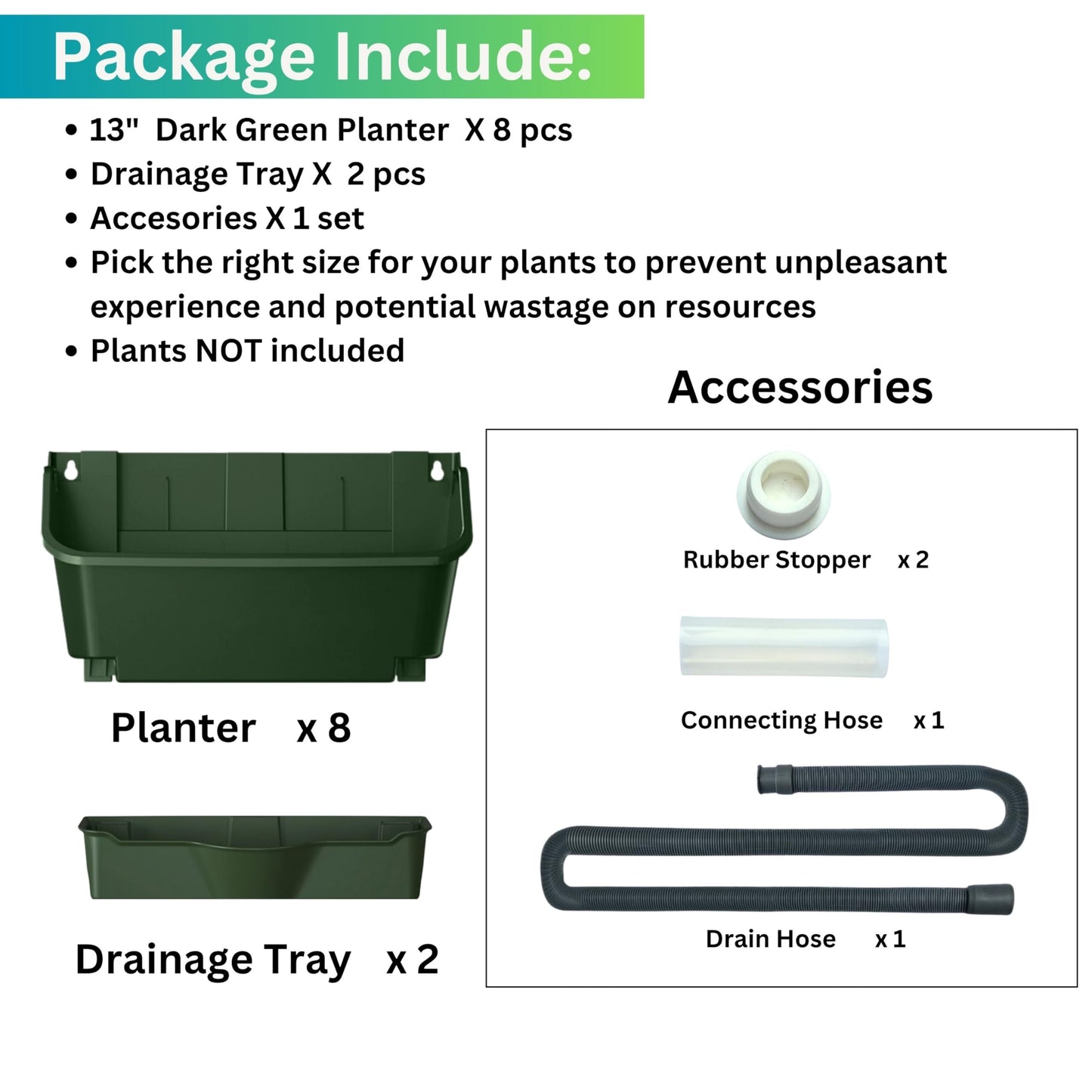 Maxona Vertical Wall Planter for Indoor Plant-Walls Mounted Pot with 2 Drainage Tray 8 Pack, 13 inch Dark Green for Indoors and Outdoor Decor, Plastic Pots Balcony Planters, Plants Hanging