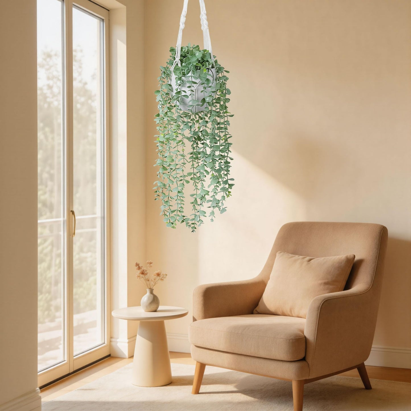 DREAMLOOM 2 Packs Fake Hanging Plants with Pots, Artificial Eucalyptus Hanging Plants with Macrame Hanger for Indoor Decor, Fake Hanging Vines Faux Greenery for Home Kitchen Office