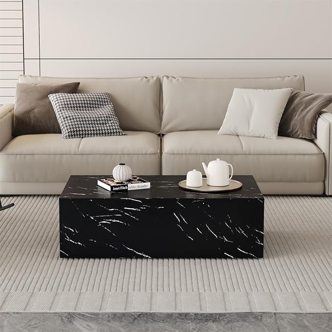 Coffee Table Living Room Table, Modern Black Faux Marble Center Couch Table