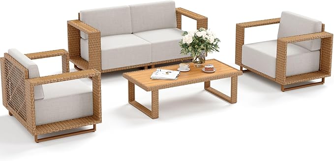 SUNSHINE VALLEY 4 Pieces Patio Furniture Set, Outdoor Rattan Wicker