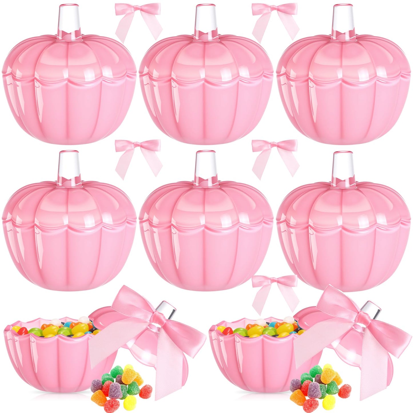Mimorou 8 Set 4 Set Thanksgiving Candy Bowl with Lids Pink Glass Pumpkin Candy Jar with Bow for Thanksgiving Day Table Centerpiece Decoration