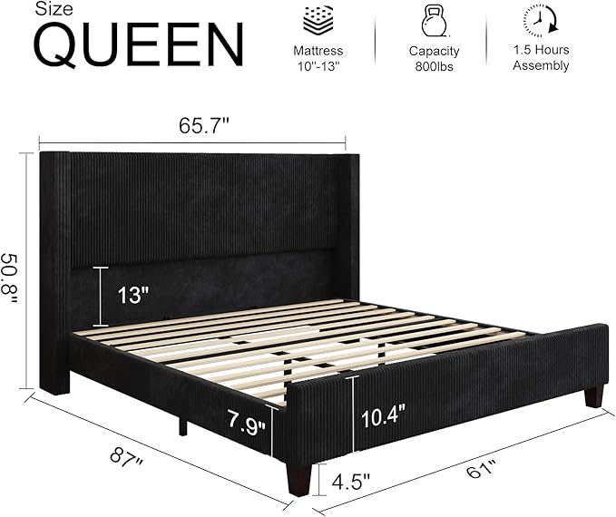 HOWE Queen Size Bed Frame with 50.8" Tall Wingback Headboard, Modern Corduroy