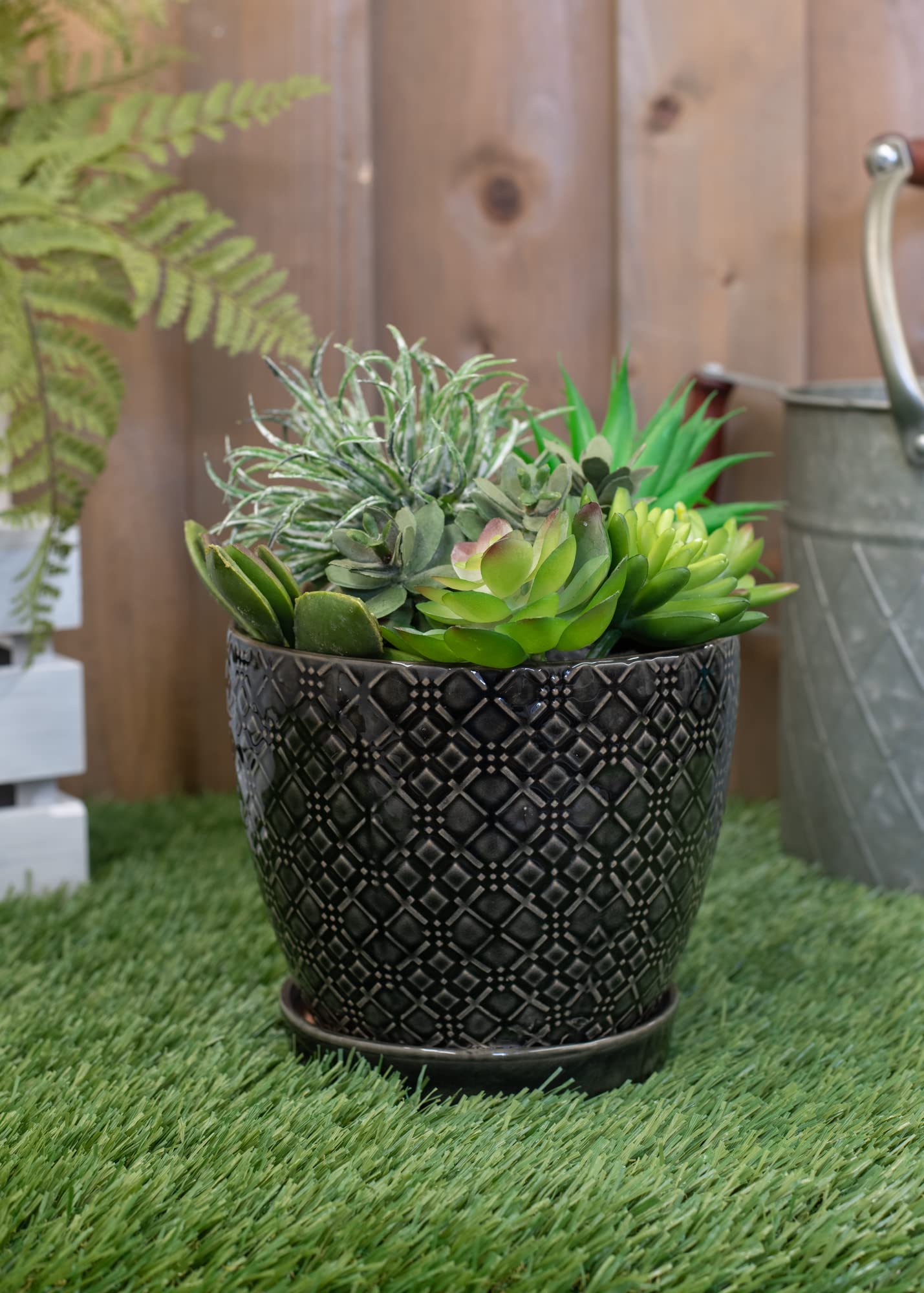 Napco Distressed Black Laser 6 x 6.5 Ceramic Table Top Planter Pot with Saucer