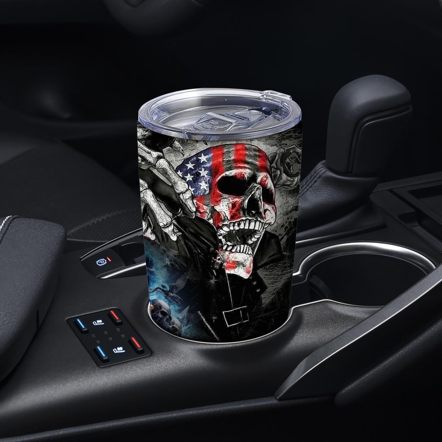 American Flag Motorcycle Skull Coffee Tumbler,20 Oz Insulated Stainless Steel Funny Travel Coffee Mug or Tea Cup for Hot,Iced Drinks,Birthday Skull Gifts for Men Friend Husband Dad Women,1 Pcs