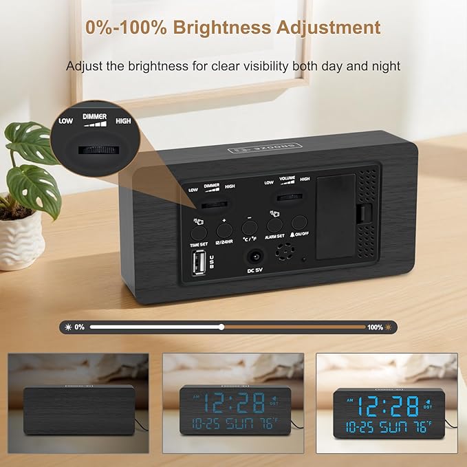 DreamSky Wooden Digital Alarm Clocks for Bedrooms with Date & Day of Week | Living Room Desk Clock, Temperature, USB Port, Dimmer Wheel, Adjustable Volume, Auto DST, Office Wood Decor (Plug-in)