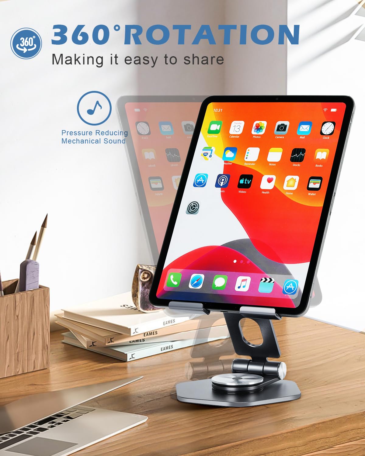 SOJUNER Aluminum Tablet Stand for Desk, 360° Swivel iPad & Tablet Holder – Thickened Material & Foldable Desktop Mount for 5–12.9in Devices, Grey