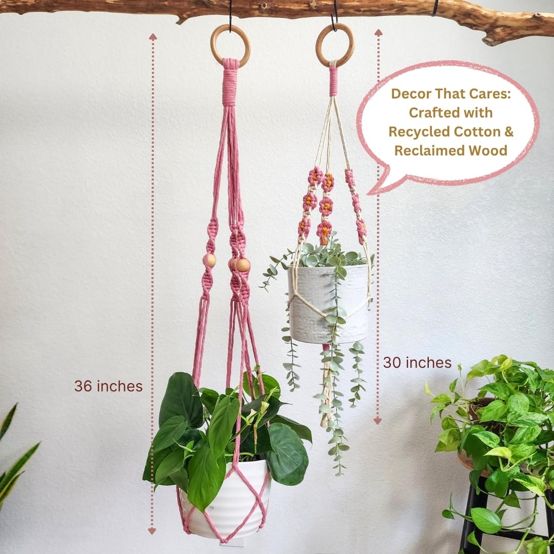 Set of 2 Macrame plant hanger with Daisies & Beads | Hanging plant holder Macrame Plant hangers outdoor and indoor hanging planters Plant stand indoor Boho Decor hanging planter stand (Champagne Pink)