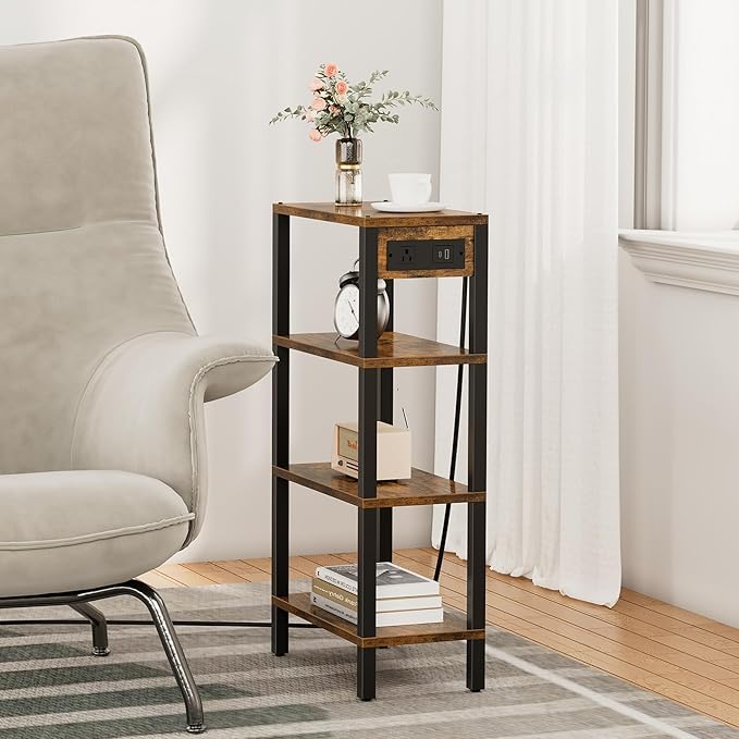 TUTOTAK Narrow Side Table with Charging Station, Small End Table with USB Ports