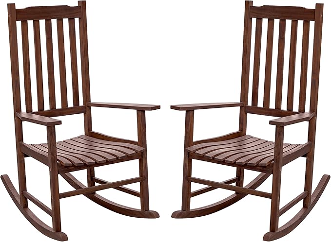Flamaker Acacia Wood Patio Rocking Chair Set of 2, High Back and Widen Armrest