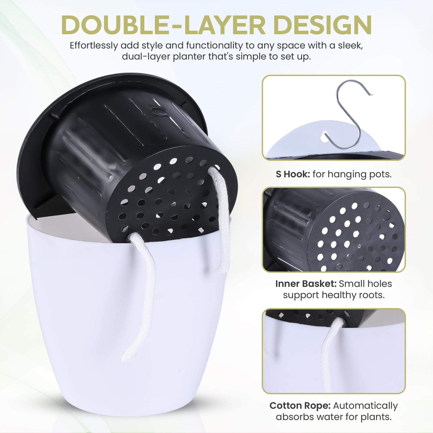 SOOSKSI Self Watering Wall Mounted Planters | Set of 3 White Indoor/Outdoor Hanging Planter with Double Layer Design & Flat Backed for Mounting | Effortless Plant Care & Stylish Wall Pots.