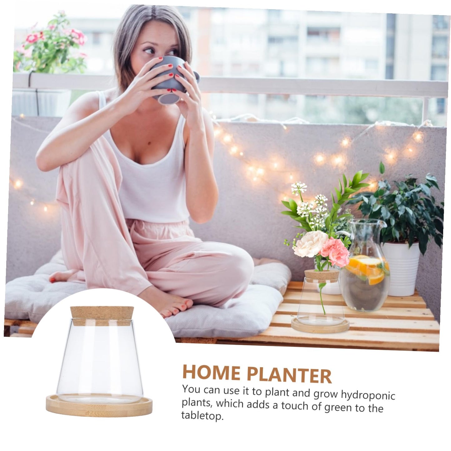 ETHZZLE Hydroponic Glass Vase with Wooden Stand Transparent Plant Propagation Station for Office Multifunctional Simple Flower Pot Desktop Greenery Terrarium Home Decoration and