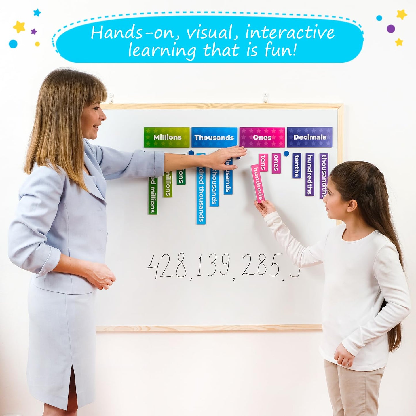 Simply Magic 29 PCS Display Magnetic Place Value Set & 131 PCS Jumbo Colorful Magnetic Base Ten Blocks for Math