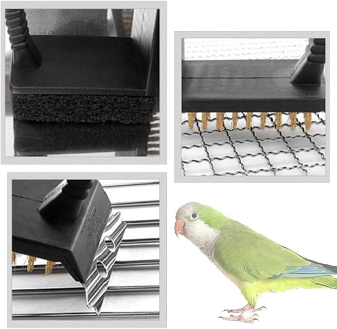 QBLEEV Bird Cage Cleaner, Bird Cage Cleaning Brushes, Multi-Function Stainless Steel Triangle Bird Cage Brush Set, Birdcage Cleaner Poop Off Scrub Brush Kit for Cleaning Bird Cage Perch Kennel