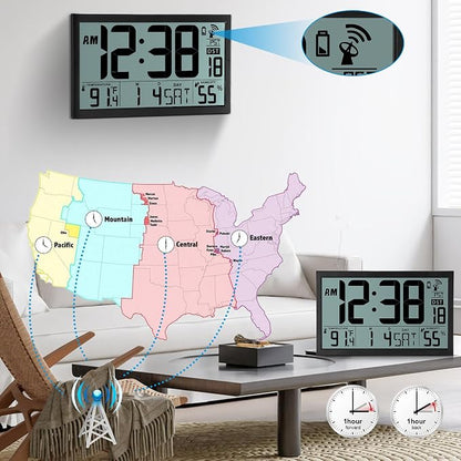 Amgico Digital Wall Clock,16.7" Large Display Atomic Clock, Battery Operated,Digital Calendar Auto Setting with Indoor Temperature, Humidity,Date,Day,Auto DST Desk Clock for Elderly Bedroom Classroom