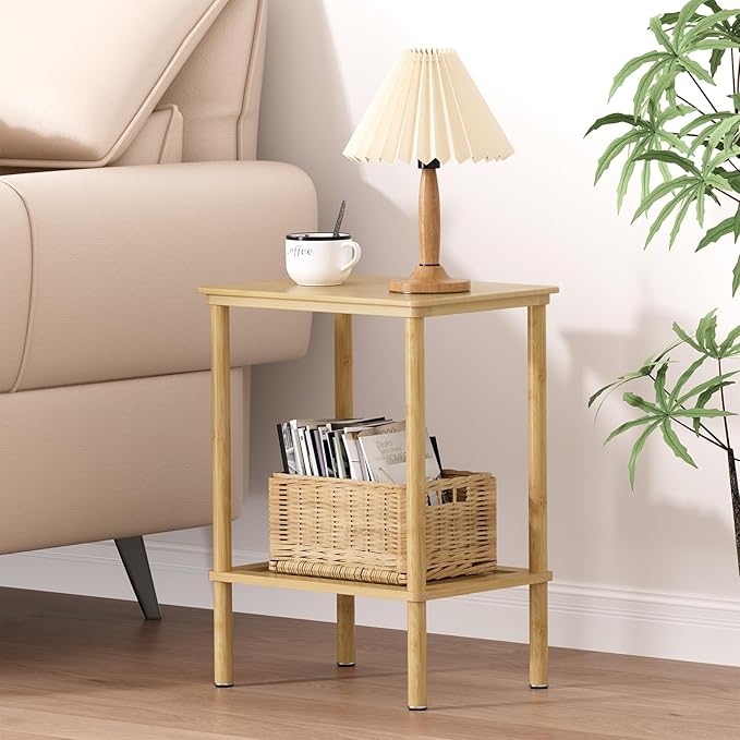 2 Tier Bamboo End Table, Narrow Side Table