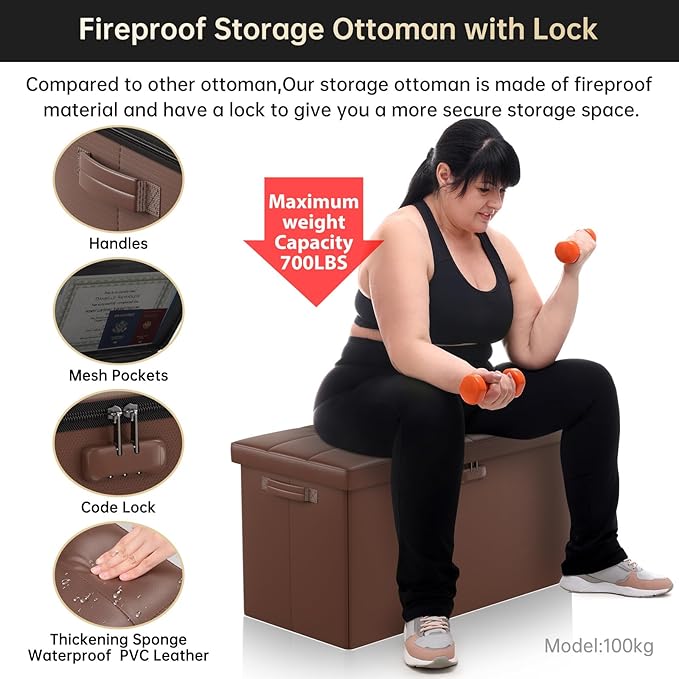 ENGPOW Storage Ottoman Bench, Fireproof Folding Bench
