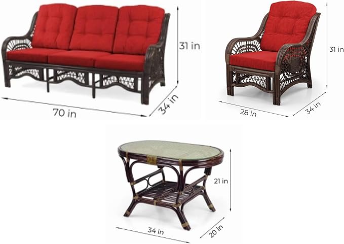 Malibu Lounge Set of 4: 2 Natural Rattan Wicker Chairs, Three-Seater Sofa