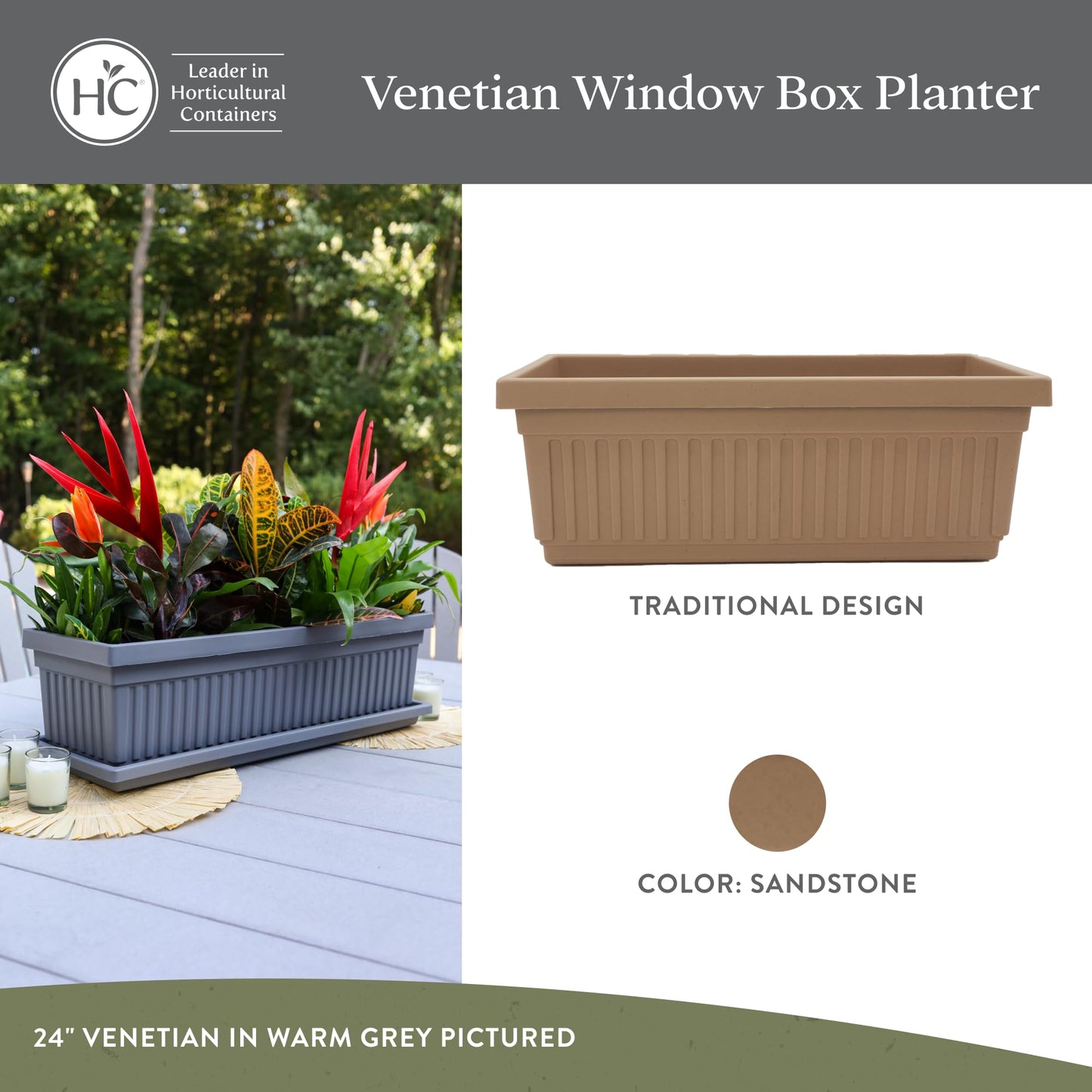 The HC Companies Venetian Window Planter Box w/Drain Plug - Long Planter Box for Windowsills, Balconies & More - Plastic Large Rectangular Planters for Herbs & Flowers (24" Sandstone, Pack of 1)