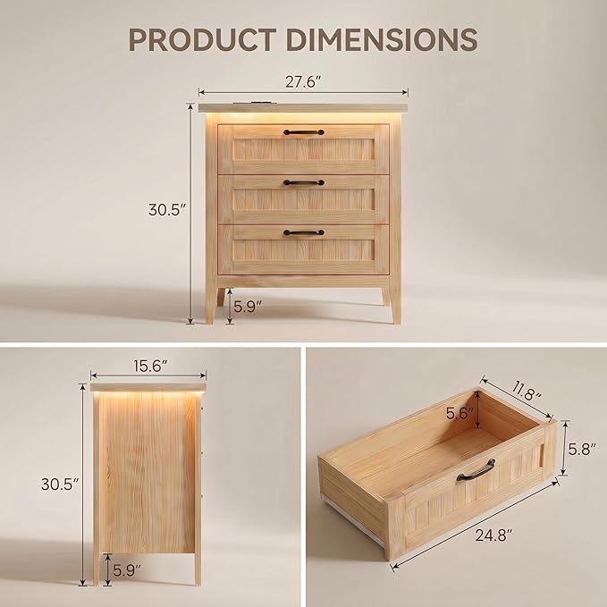 GarveeLife 3 Dresser Drawer for Bedroom, 27.6" Wide Wood Bedside Table for