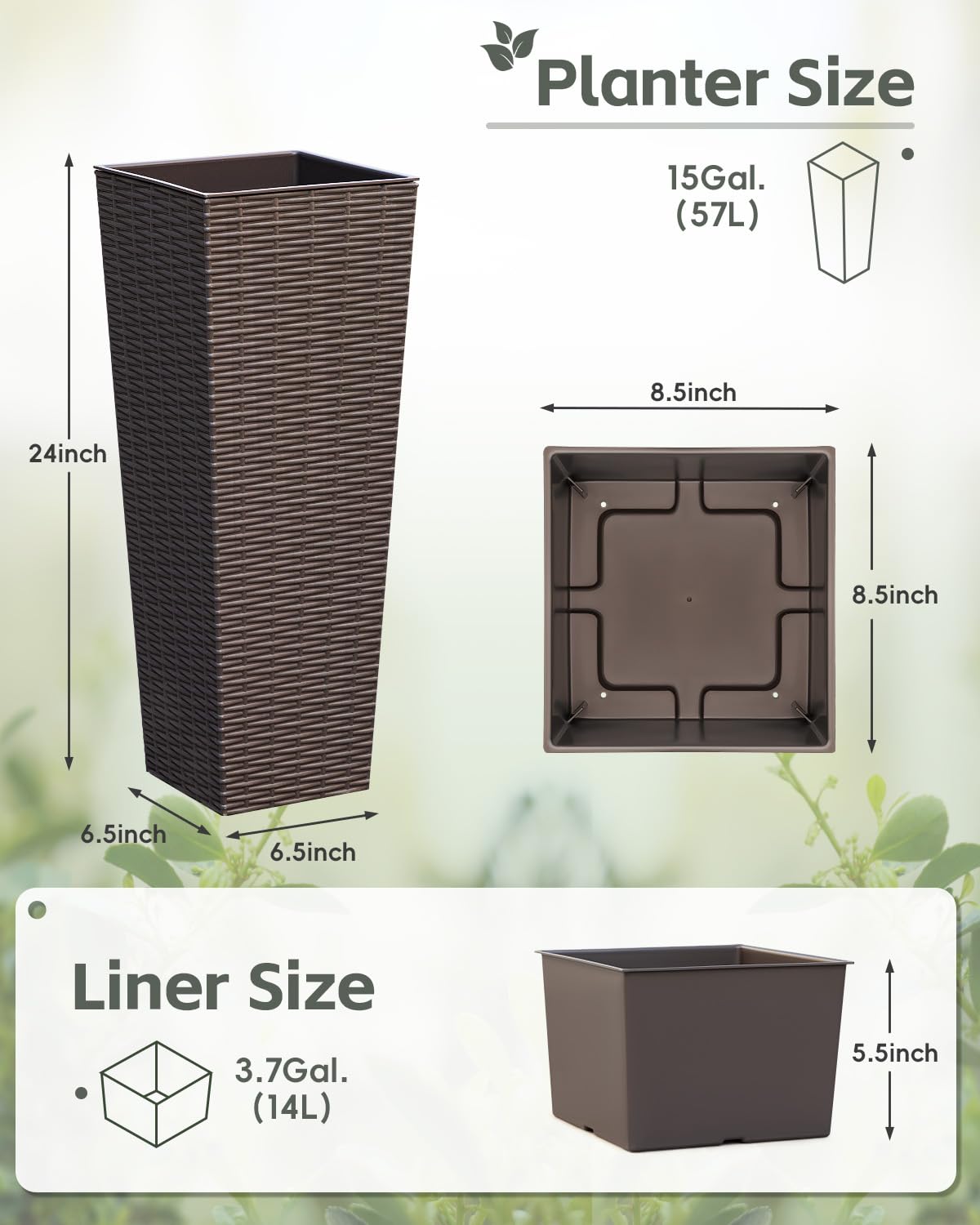 Acurax 24 Inch Tall Plastic Planters (Set of 2), Detachable Inner Pot & Drainage Holes, Outdoor Decorative Flower Pots for Large Plants, Trees, Patio, and Garden, Brown