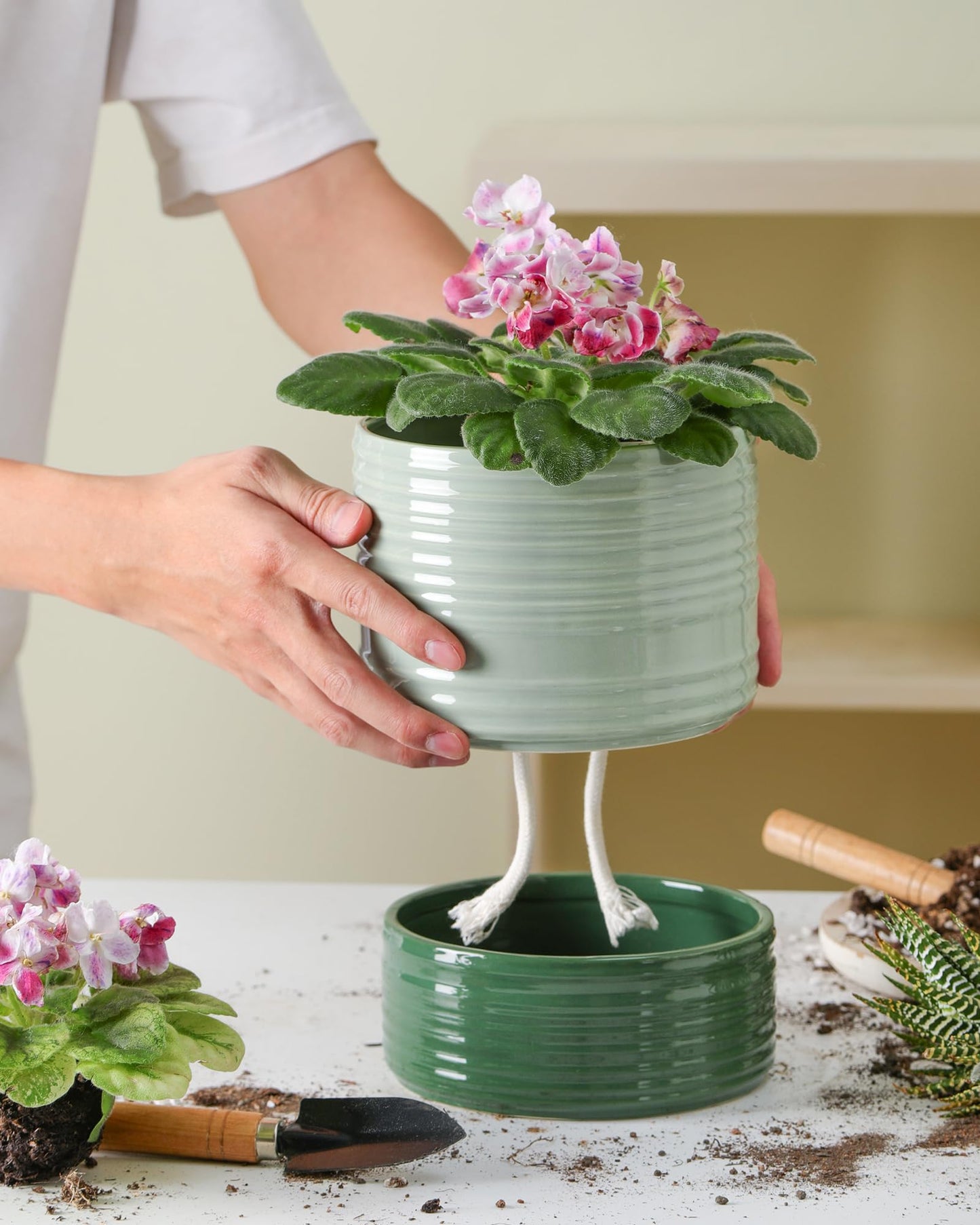 Fayoula Self Watering Pots for Indoor Plants, 6 Inch Ceramic Self Watering Plant Pot, Planter Pot with Wick Rope and Drainage Hole for African Violet Succulent Herbs (Green Light)