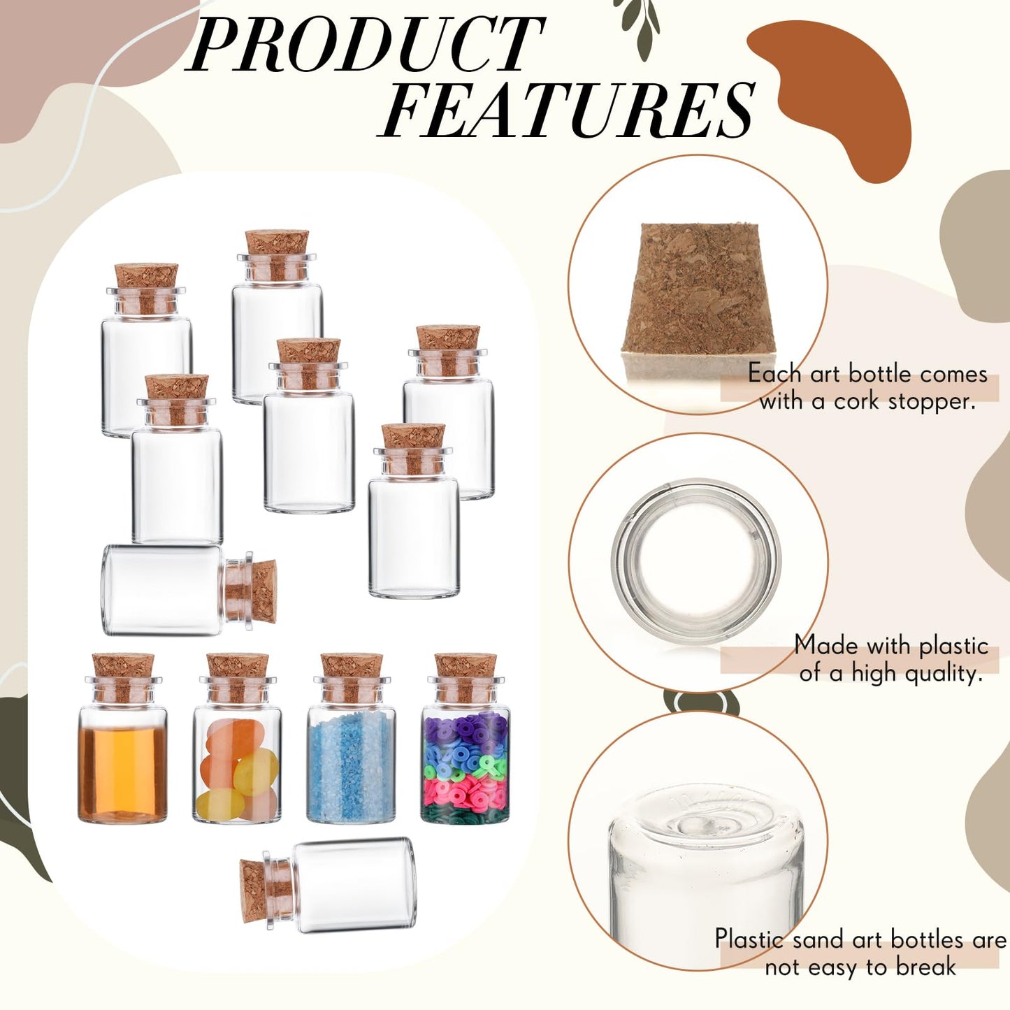 Bokon 100 Packs Mini Plastic Bottles with Corks Stoppers Eye Screws Funnels Small Potion Bottles Tiny Clear Sand Art Jar Wishing Vial for Birthday Party DIY Crafts Gift