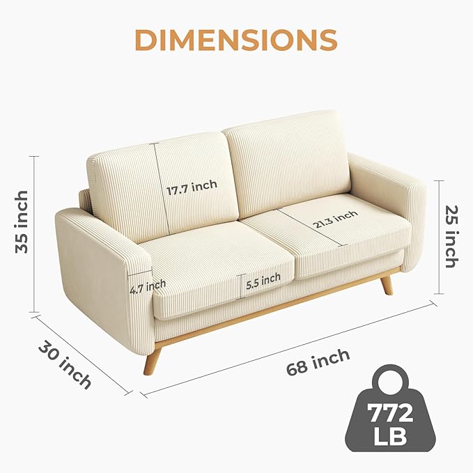 Vesgantti 68" Loveseat Sofa Beige, Comfy Corduroy Couch