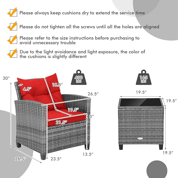 COSTWAY 3PCS Patio Furniture Set, PE Rattan Wicker Sofa w/Washable Cushion and