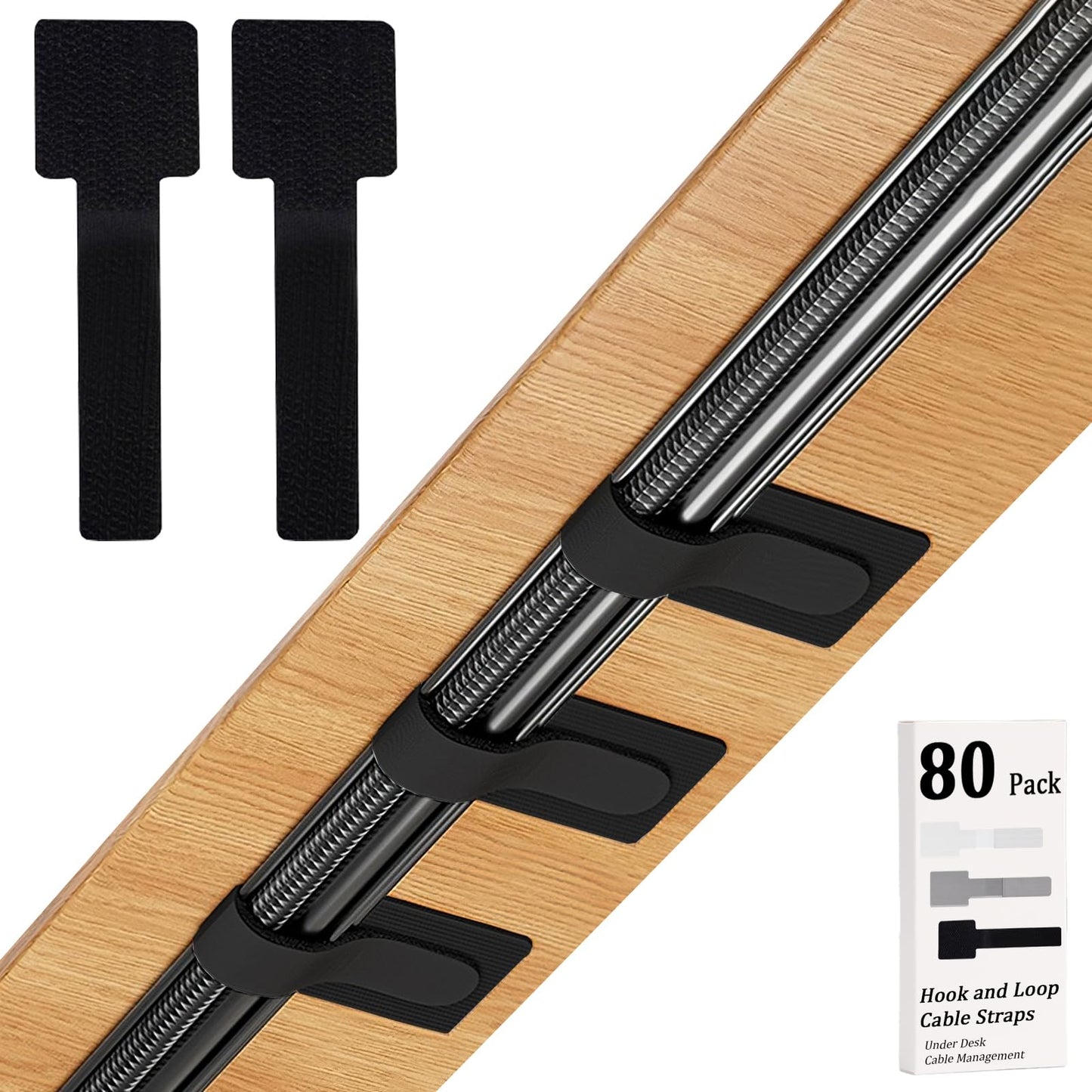 80PCS Hook and Loop Cable Straps, Cable Management Under Desk, Self Adhesive Cable Ties, Reusable Wire Organizers for Cords, Adjustable Cord Organizers for Desk, Home Office Essentials, Black