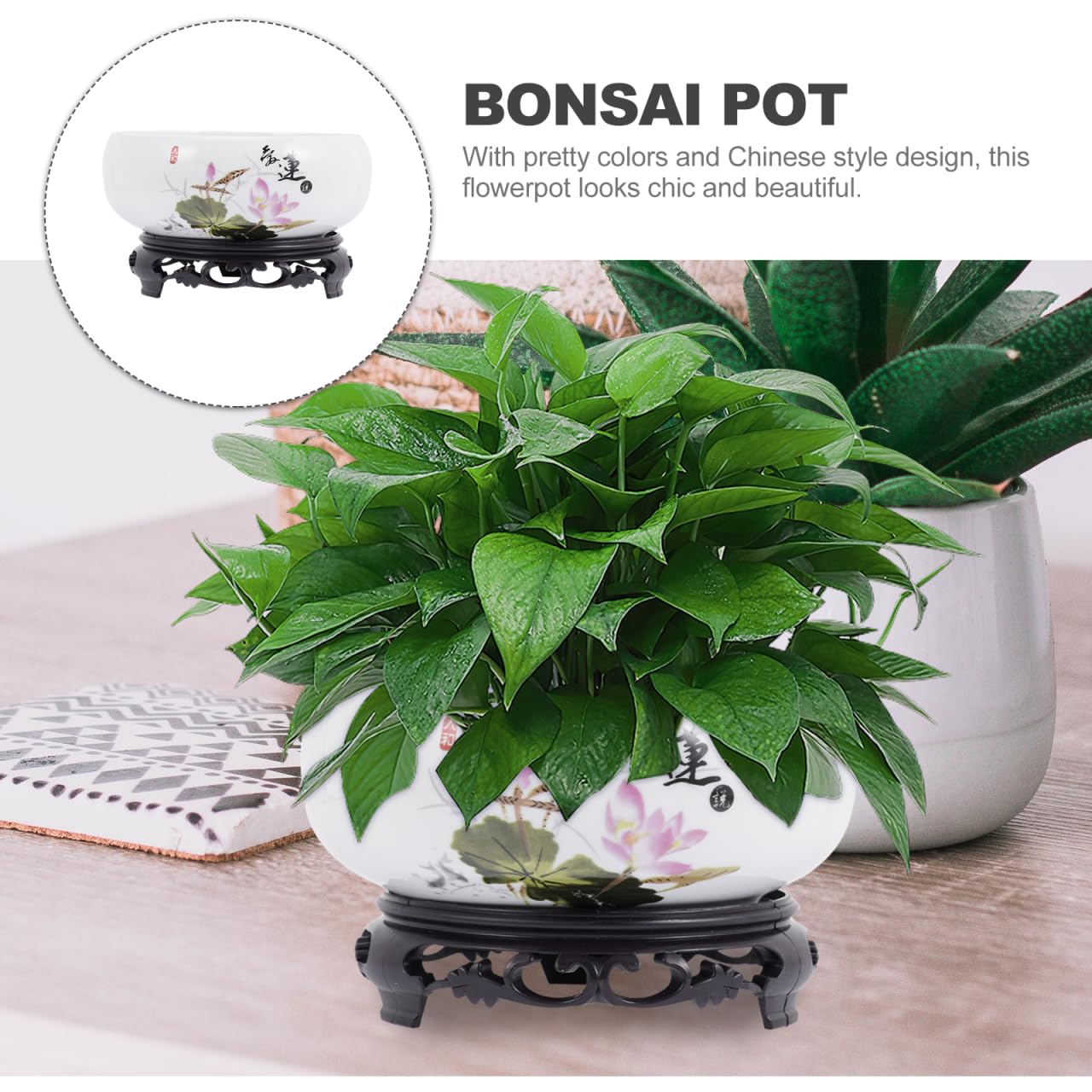 Kisangel Blue and White Porcelain Hydroponic Bonsai Pot with Base 6.69 Inch Non-Hole Indoor Planter for Lotus Flower Water Lilies Home Garden Decoration