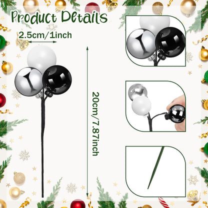 Syhood 12 Set 7.9 Inch Christmas Ball Ornaments on Wired Picks Shatterproof Xmas Ball Picks for Christmas Tree Vase Wreath Stairs Garland Decoration Supplies(Black,Silver,White,Plastic)