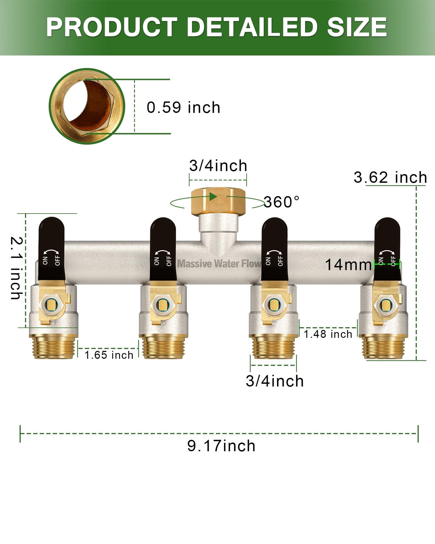 4 Way Hose Splitter Heavy Duty, Garden Hose Splitter with 4 Long Handle, Full Flow Brass Nickel Plated Water Hose T Spigot Splitter Adapter Connector, 3/4 - Inch GHT Thread (Black)