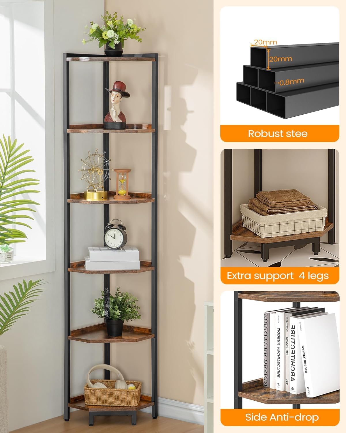 Hzuaneri Corner Shelf Stand, Corner Bookshelf, Storage Standing Shelf Unit with Metal Frame, Plant Stand, Bookcase for Living Room, Home Office, Bedroom, 6-Tier Rustic Brown CS06001B