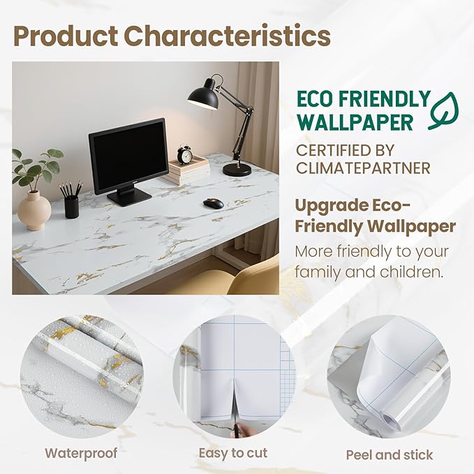 practicalWs Glossy Marble Wallpaper Peel and Stick White/Gold Granite Contact