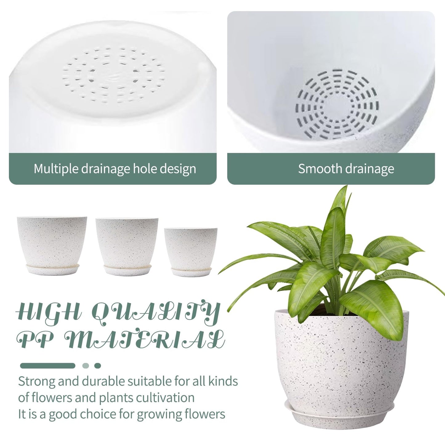 XINHUISHQZ 10/9/8 inch Plant Pots, 3 Pack Plastic Flower Pots Modern Flower Pots with Drainage Holes and Trays are for Indoor and Outdoor Plants, Herbs and Flowers,White Speckles
