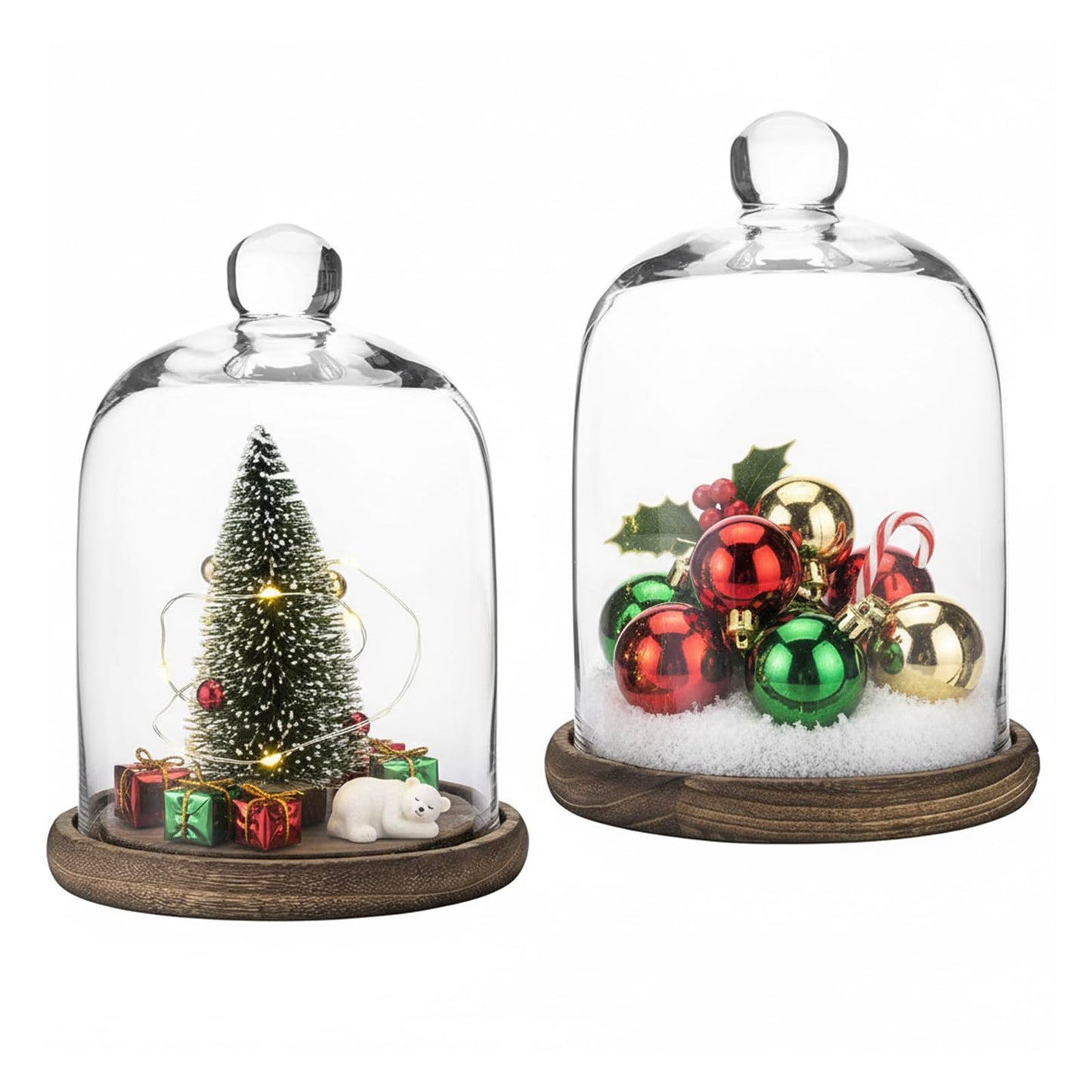 MyGift Clear Cloche Glass Dome, Display Bell Jar with Top Handle and Rustic Brown Solid Wood Base, Set of 2