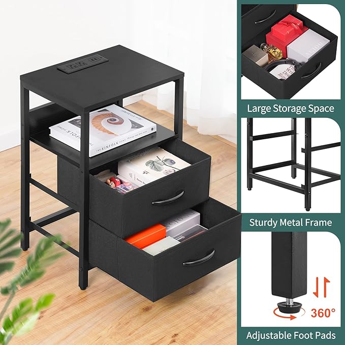Yoobure Nightstand with Charging Station, LED Night Stand with Fabric Drawers