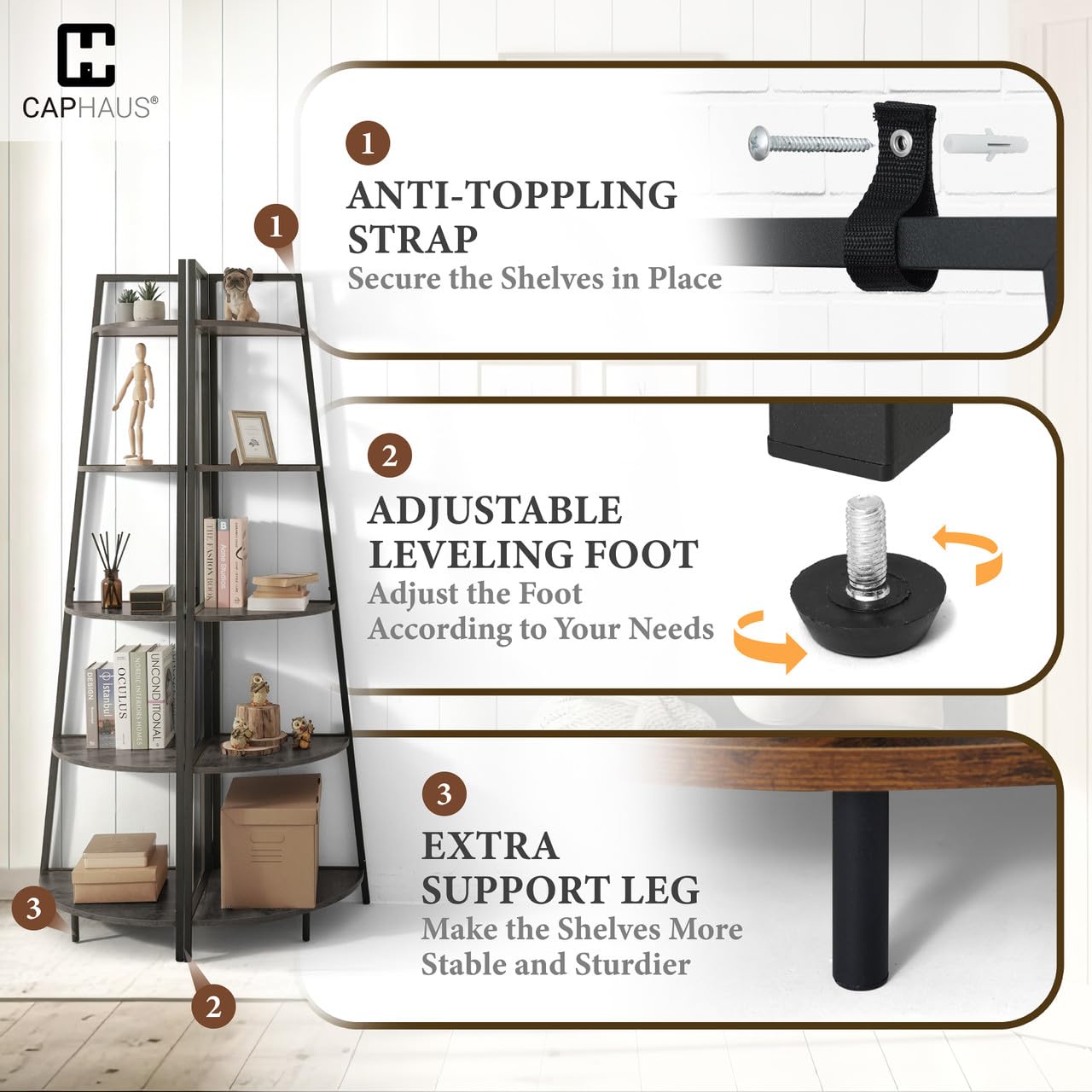 CAPHAUS Tall Corner Shelf Stand, 5-Tier Display Shelves, Ladder Corner Wood Storage Plant Bookshelf with Metal Frame, Versatile Shelving Unit Bookcase for Home Office Space, Dark Grey