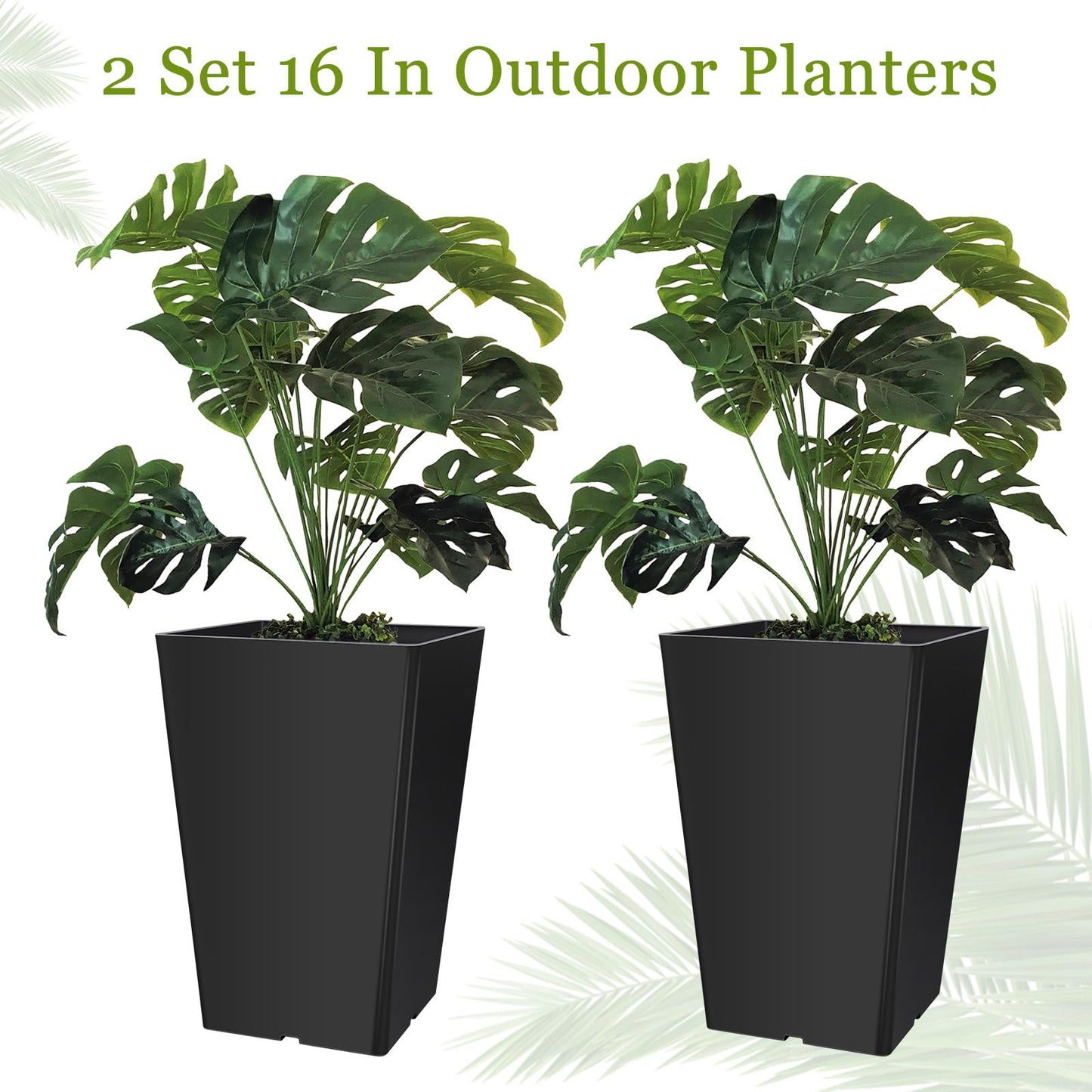 Briwooody Set of 2 15.75 Inch Large Taper Planters Outdoor Indoor Tall Resin Flower Pots with Drainage Holes Modern for Front Door Patio Backyard Plants(Black)
