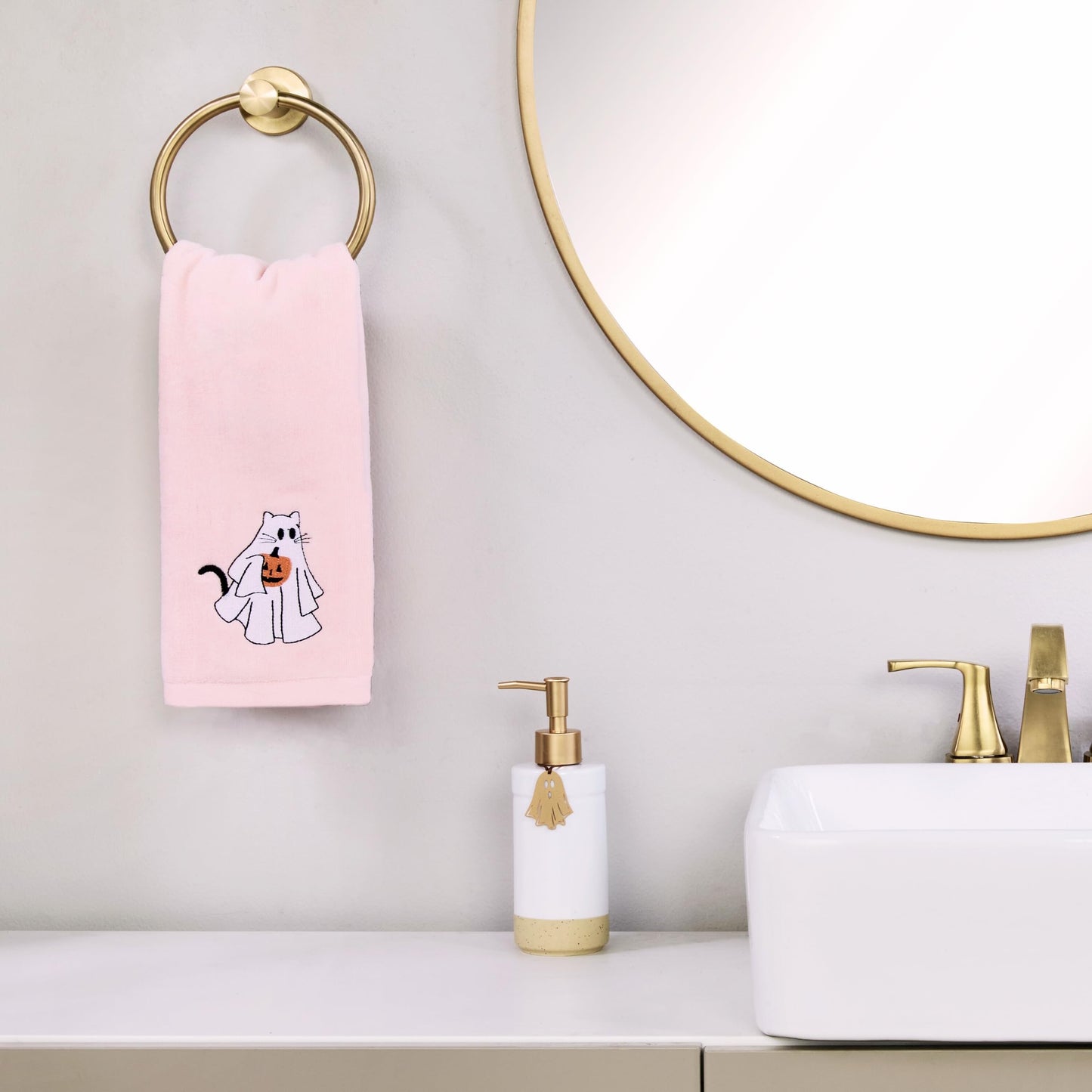 SKL Home Halloween Ghost Cat 100% Cotton Embroidered 2pc Hand Towel Set, Decorative for Bath/Kitchen/Bar & Gift, Pink