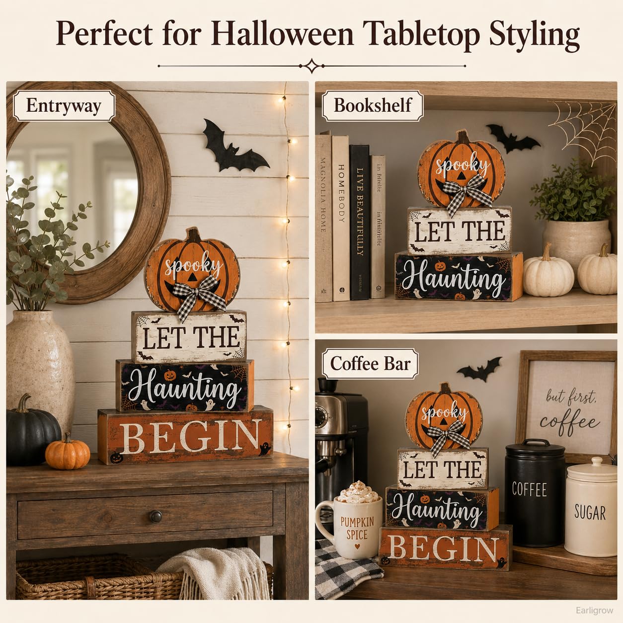 4 Pcs Halloween Table Decorations Pumpkin Bow Tiered Tray Decor Farmhouse Rustic Wooden Block Signs Spooky Halloween tabletop Centerpiece for Home Kitchen Mantel Shelf
