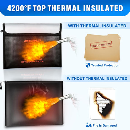 4200°F Fireproof Money Bag for Cash -Heat Insulated, 9.8 x 6.5" Fireproof Document Bag with Waterproof Zipper, Small Fire proof Bags Set with Reflective Strip and Fire proof Edging for Valuables
