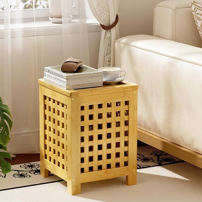 Bamboo End Table with Removable Cushion and Hidden Storage, 2-in-1 Ottoman Side
