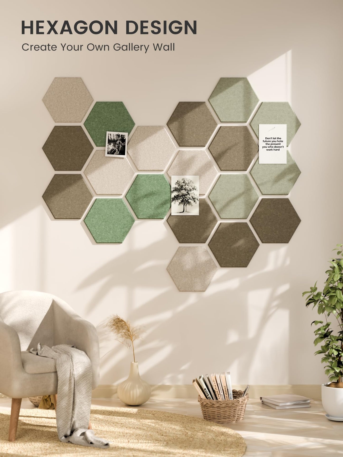 Fluxynara Hexagon Cork Board Alternative for Walls Decor-12-Pack Felt Bulletin Board Tiles,with 30 Pushpins,70 Adhesive Tabs for Office,Classrooms & Home Pin Board Felt Board-Moss Haven
