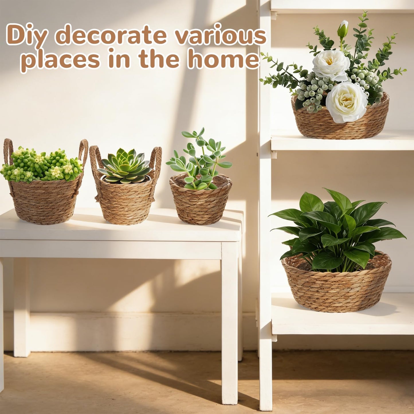 MegoSage 5 Pcs Premium Planter Basket with Plastic Liner Flower Baskets Containers with Handles for Indoor Outdoor Hand Woven Plant Basket for Garden Home Decor Flower Pots Decoration
