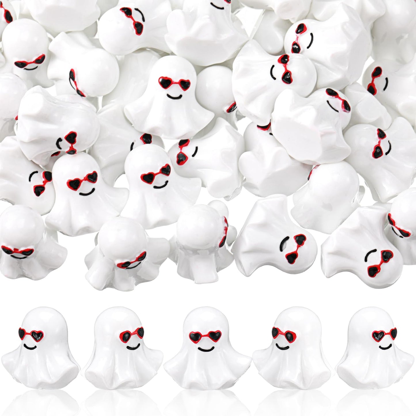 VioraWhite 50 Pcs Valentines Mini Ghost Figurines Cute Tiny Resin Ghost with Heart Sunglasses Miniatures Valentine's Day Romantic Gift Shelf Decor for DIY Crafts Landscape Garden Cake Topper Lawn