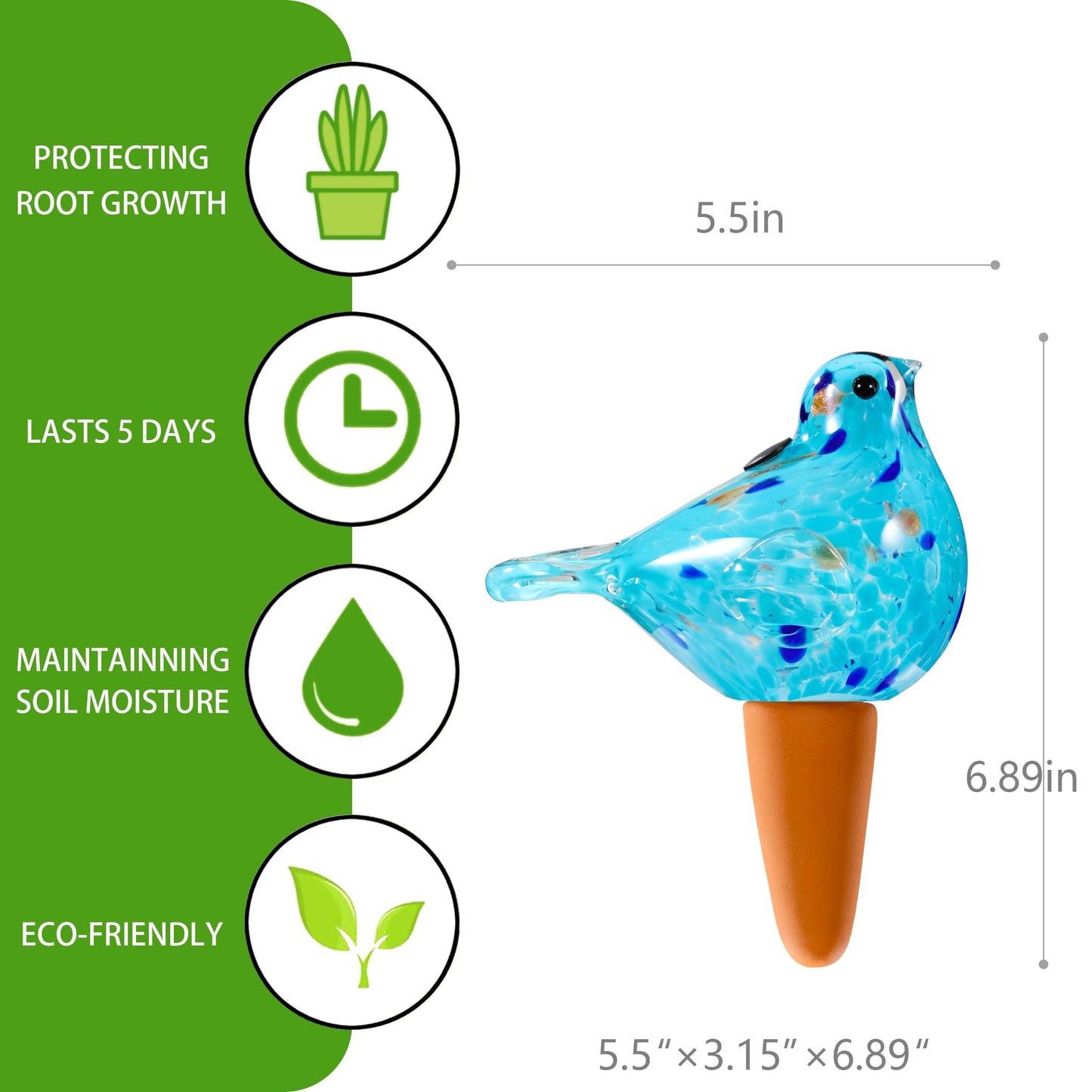 Plant Watering Globes, Bird Glass Self Watering Planter Insert - For Indoor & Outdoor Plants - Glass Plant Water Globes For Daily Use, Planter Spikes To Support Indoor & Outdoor Plant Health, Sky Bule