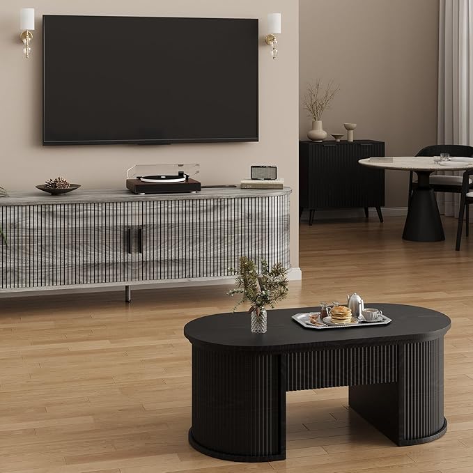 63 inch TV Stand with Power Outlet, Fluted Entertainment Center