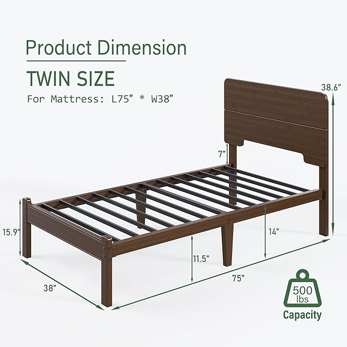 BOSRII 14in High Solid Bamboo Wood Platform Twin Size Bed Frame